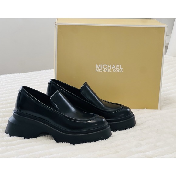 Michael Kors Womens Shiloh Leather Ghotic  City Platform‎ Loafers Black Sz 9.5M - Picture 1 of 12